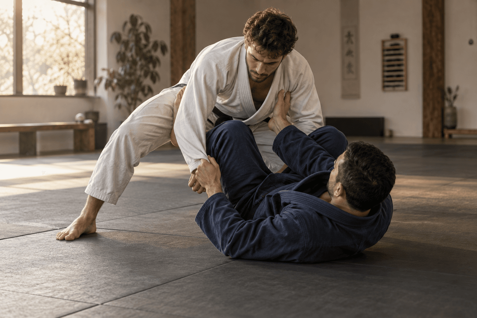 Illustration générée par IA de deux adultes pratiquant le jiu-jitsu brésilien sur un tatami.